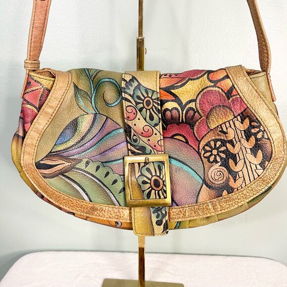 Anuschka Shoulder Bag Womens Tan Floral Genuine Leather Handpainted Art Handbag - Picture 3 of 11
